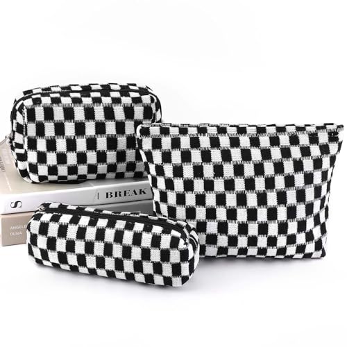 EIMMBD Makeup Bag 3 Pieces Large Capacity Checkered Cosmetic Bags Travel Toiletry Bag Organizer Cute Makeup Pouch Storage for WomenBlack - Image 1