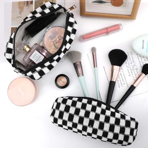 EIMMBD Makeup Bag 3 Pieces Large Capacity Checkered Cosmetic Bags Travel Toiletry Bag Organizer Cute Makeup Pouch Storage for WomenBlack - Image 3