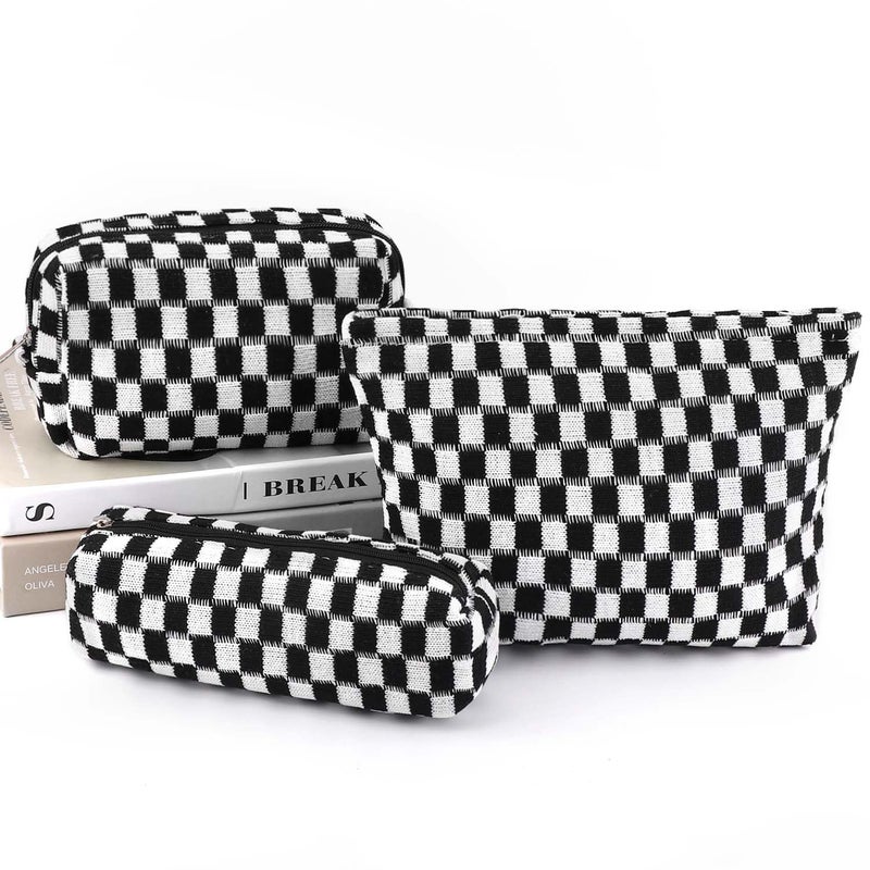 EIMMBD Makeup Bag 3 Pieces Large Capacity Checkered Cosmetic Bags Travel Toiletry Bag Organizer Cute Makeup Pouch Storage for WomenBlack - Image 2