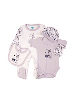 Babies Basic 5 Piece Unisex 100% Cotton Gift Set Include Bib, Romper, Mittens, Cap And Sleepsuit/Jumpsuit- Rain  - Image 2