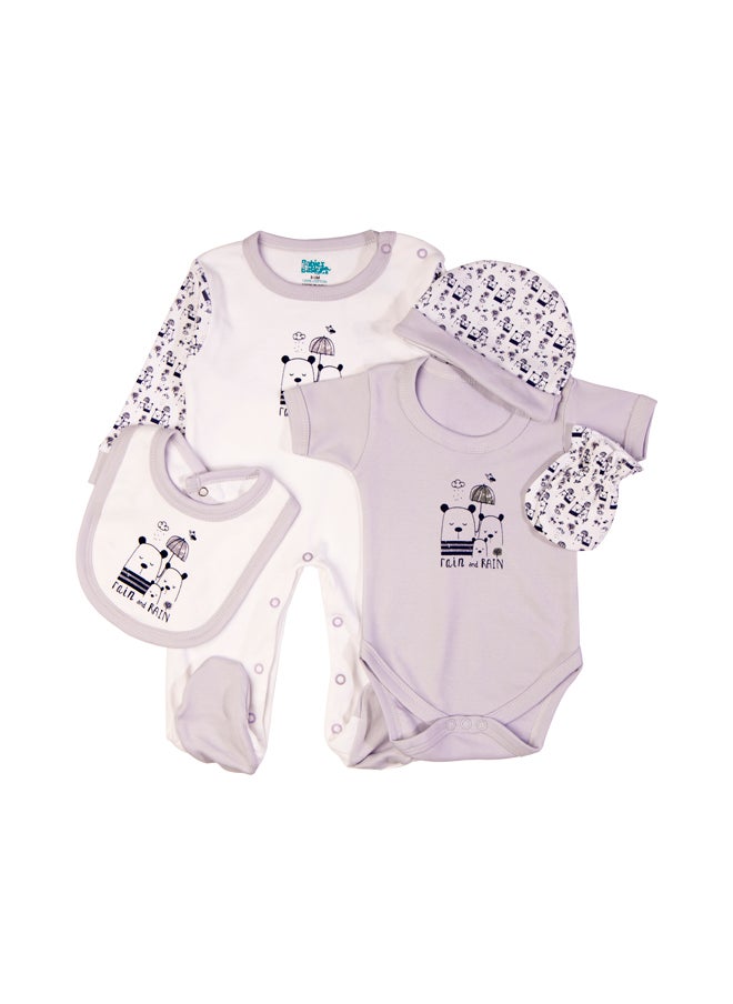 Babies Basic 5 Piece Unisex 100% Cotton Gift Set Include Bib, Romper, Mittens, Cap And Sleepsuit/Jumpsuit- Rain  - Image 2