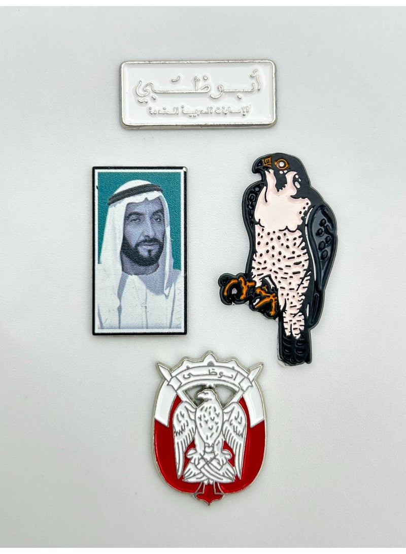 4 قطع من ملصقات معدنية - ملصق الشيخ زايد و شعارات أبوظبي وملصق الصقر - معدن عالي الجودة للهواتف المحمولة وأجهزة الكمبيوتر المحمولة وحقائب الظهر والمزيد - Image 1