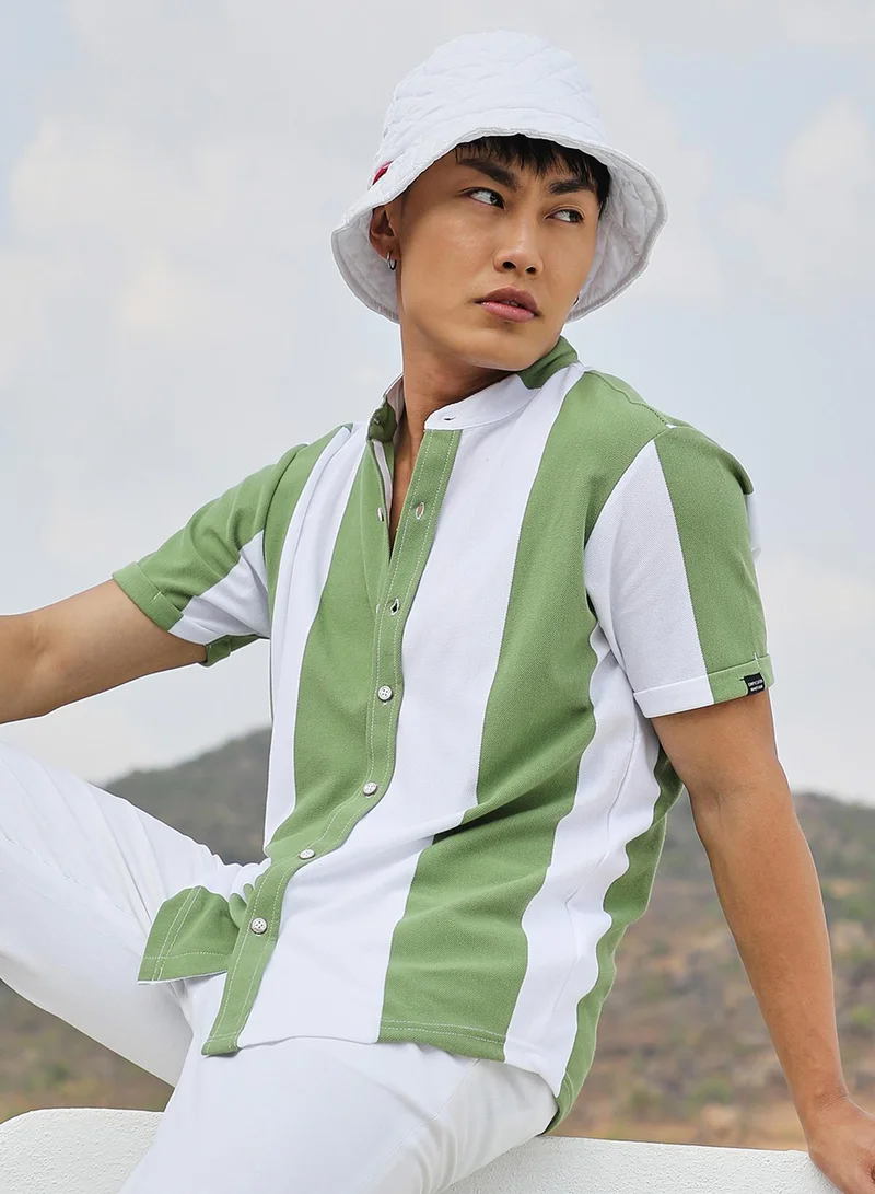 Campus Sutra Men's Pistachio Green & Ivory White Balanced Striped Shirt