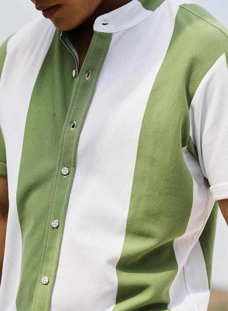 Campus Sutra Men's Pistachio Green & Ivory White Balanced Striped Shirt
