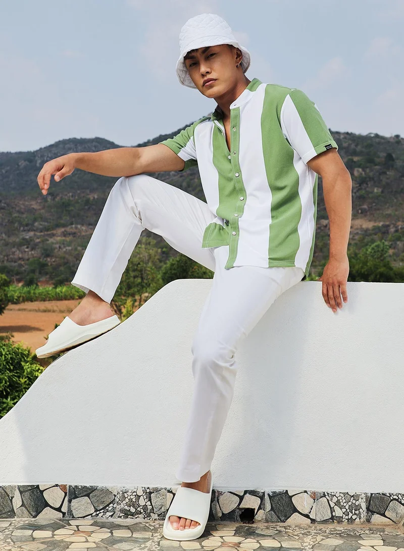 Campus Sutra Men's Pistachio Green & Ivory White Balanced Striped Shirt