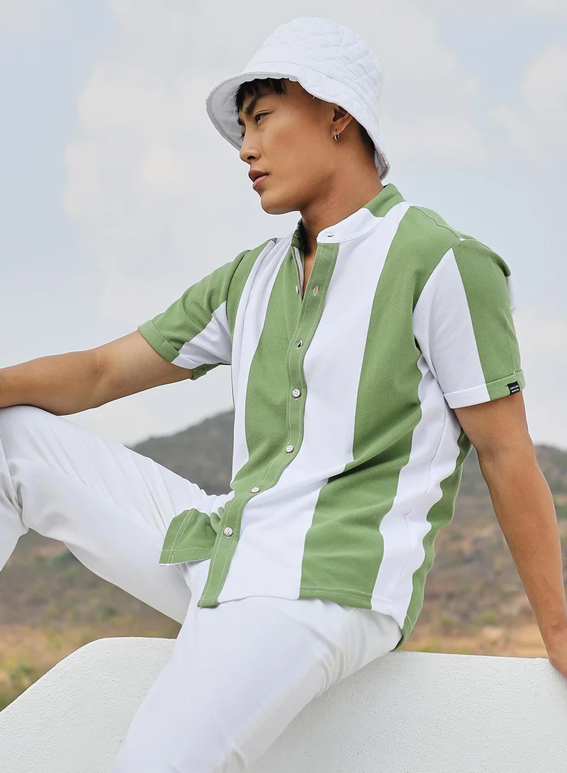Campus Sutra Men's Pistachio Green & Ivory White Balanced Striped Shirt