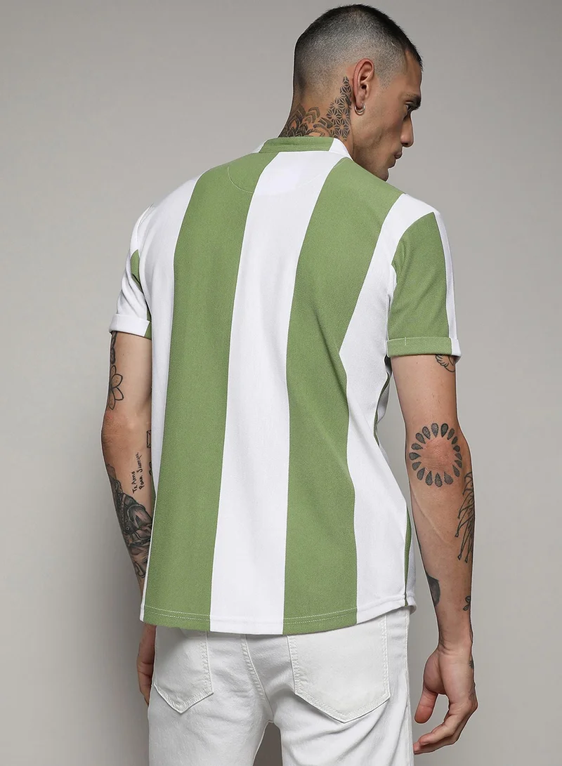 Campus Sutra Men's Pistachio Green & Ivory White Balanced Striped Shirt