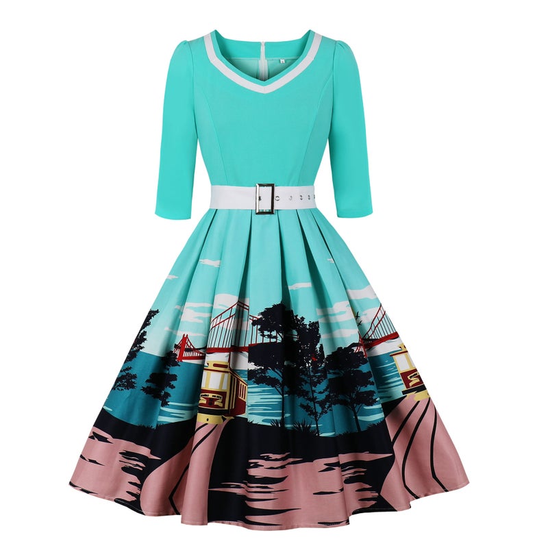 Women's Vintage Print A-line Dress - Image 4