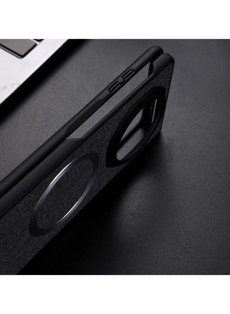 VKL Compatible with Honor Magic V3 Case Magnetic TPU +PC Anti-Slip Ultra Thin Woven Textile Cloth Pattern Cover for Magic V3 (Black) - Image 2