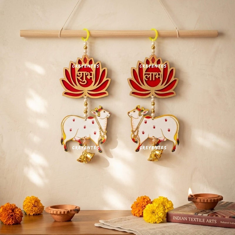 CREYENTES Handmade Red Shubh Labh Lotus Wall Hanging with Pichwai Cow, MDF, Diwali Ganesh Chaturthi Door Decoration (SHUBHLABH LOTUS COW) - Image 5