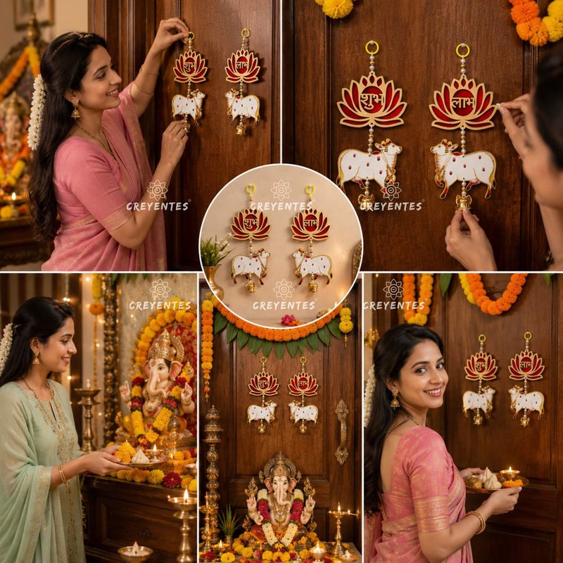 CREYENTES Handmade Red Shubh Labh Lotus Wall Hanging with Pichwai Cow, MDF, Diwali Ganesh Chaturthi Door Decoration (SHUBHLABH LOTUS COW) - Image 3