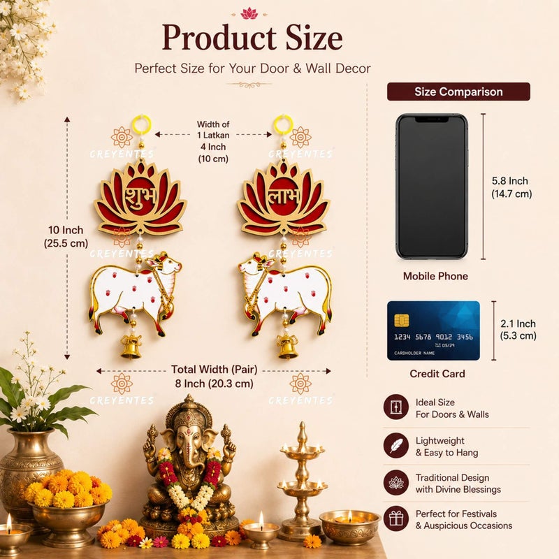CREYENTES Handmade Red Shubh Labh Lotus Wall Hanging with Pichwai Cow, MDF, Diwali Ganesh Chaturthi Door Decoration (SHUBHLABH LOTUS COW) - Image 2