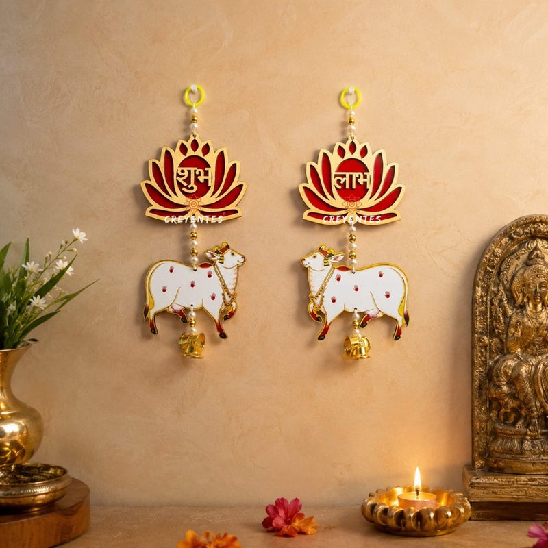 CREYENTES Handmade Red Shubh Labh Lotus Wall Hanging with Pichwai Cow, MDF, Diwali Ganesh Chaturthi Door Decoration (SHUBHLABH LOTUS COW) - Image 1