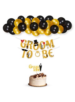 بارتي بروبس مجموعة ديكورات Groom to Be من Party Propz - 27 قطعة لافتة Groom to Be (ورق مقوى) مع غطاء كعكة | ديكورات حفلات توديع العزوبية | ديكورات حفلات توديع العزوبية | بالونات معدنية باللونين الأسود والذهبي  - Image 1