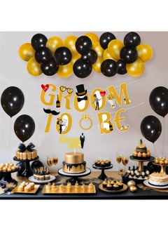 بارتي بروبس مجموعة ديكورات Groom to Be من Party Propz - 27 قطعة لافتة Groom to Be (ورق مقوى) مع غطاء كعكة | ديكورات حفلات توديع العزوبية | ديكورات حفلات توديع العزوبية | بالونات معدنية باللونين الأسود والذهبي  - Image 5