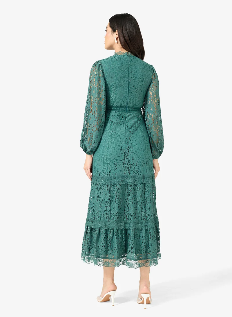 Frock and Frill Lace Detailed Puff Sleeve Midi Dress