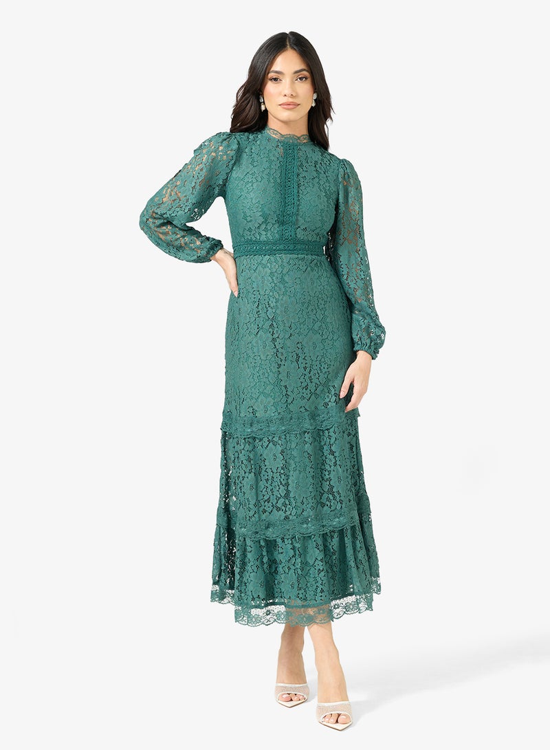 Frock and Frill Lace Detailed Puff Sleeve Midi Dress - Image 1