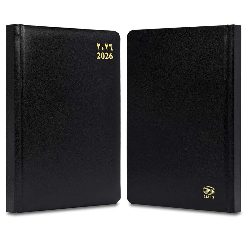FIS مفكرة FIS 2026 الذهبية A5، 148x210 مم، غلاف فينيل مبطن من جانب واحد، زوايا مدورة، حواف مطلية بالذهب، تنسيق يوم في صفحة، عربي/إنجليزي، ورق أبيض 60 جرام، غلاف أسود - FSDI23AEG26BK - Image 2