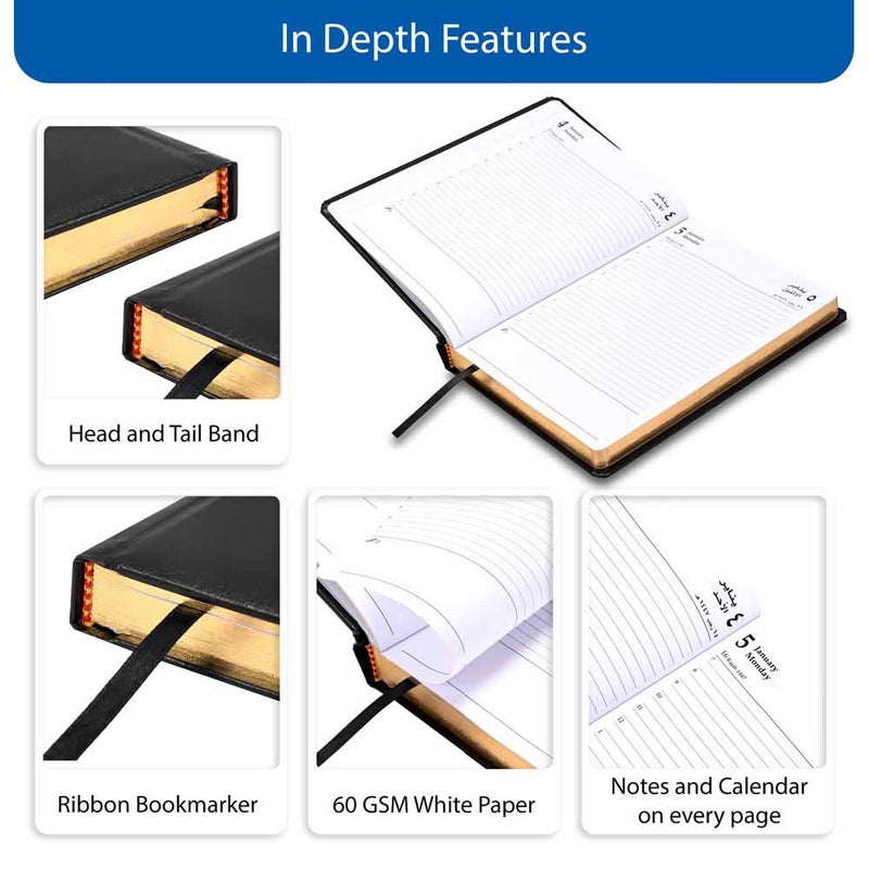 FIS مفكرة FIS 2026 الذهبية A5، 148x210 مم، غلاف فينيل مبطن من جانب واحد، زوايا مدورة، حواف مطلية بالذهب، تنسيق يوم في صفحة، عربي/إنجليزي، ورق أبيض 60 جرام، غلاف أسود - FSDI23AEG26BK - Image 5