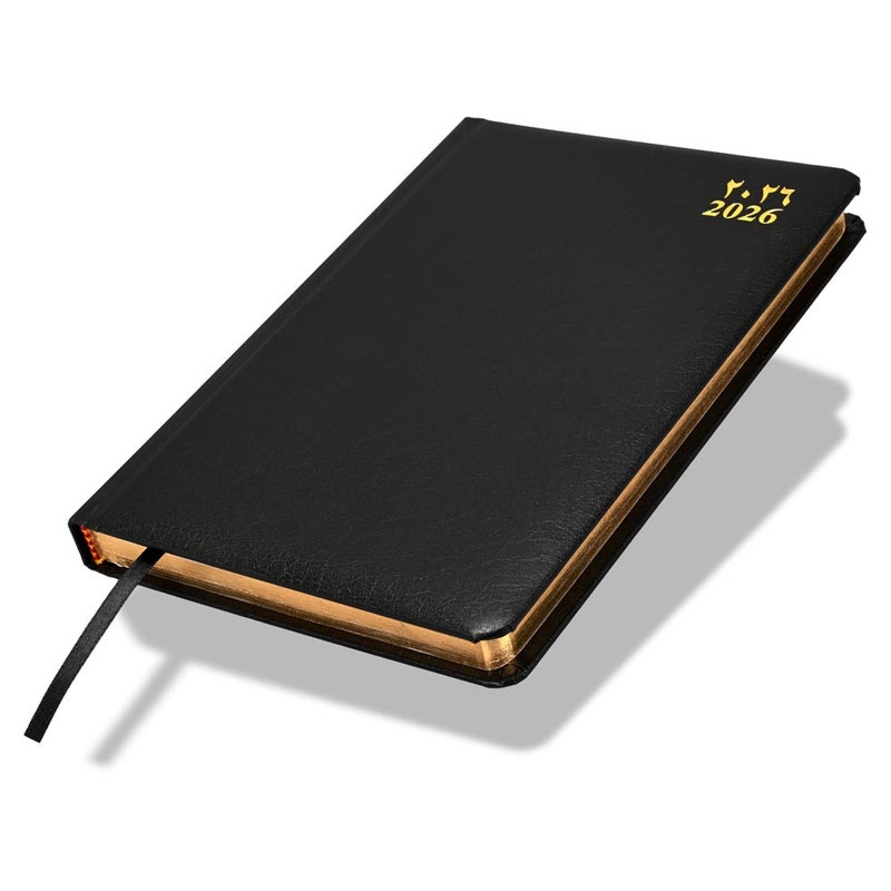 FIS مفكرة FIS 2026 الذهبية A5، 148x210 مم، غلاف فينيل مبطن من جانب واحد، زوايا مدورة، حواف مطلية بالذهب، تنسيق يوم في صفحة، عربي/إنجليزي، ورق أبيض 60 جرام، غلاف أسود - FSDI23AEG26BK - Image 1
