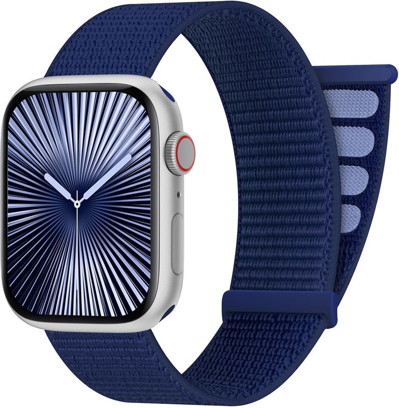 حزام نايلون متوافق مع Apple Watch، لمقاس 44 مم/45 مم/46 مم/49 مم، حزام رياضي ناعم قابل للتعديل من النايلون لساعة iWatch Ultra 3/Ultra 2/Ultra، وسلسلة Series 11/10/9/8/7/6/5/4، وSE3/SE2/SE، نظام إغلاق بالخطاف والحلقة آمن وسهل الارتداء، لون أزرق كحلي - Image 1