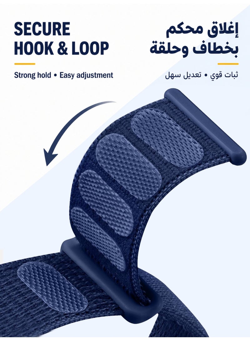 حزام نايلون متوافق مع Apple Watch، لمقاس 44 مم/45 مم/46 مم/49 مم، حزام رياضي ناعم قابل للتعديل من النايلون لساعة iWatch Ultra 3/Ultra 2/Ultra، وسلسلة Series 11/10/9/8/7/6/5/4، وSE3/SE2/SE، نظام إغلاق بالخطاف والحلقة آمن وسهل الارتداء، لون أزرق كحلي - Image 2