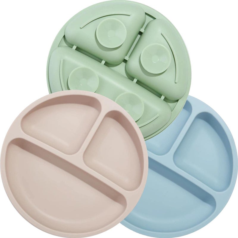 PandaEar Divided Unbreakable Silicone Baby and Toddler Plates - 3 Pack - Non-Slip - Dishwasher and Microwave Safe - Silicone (Blue Green Brown) - Image 1