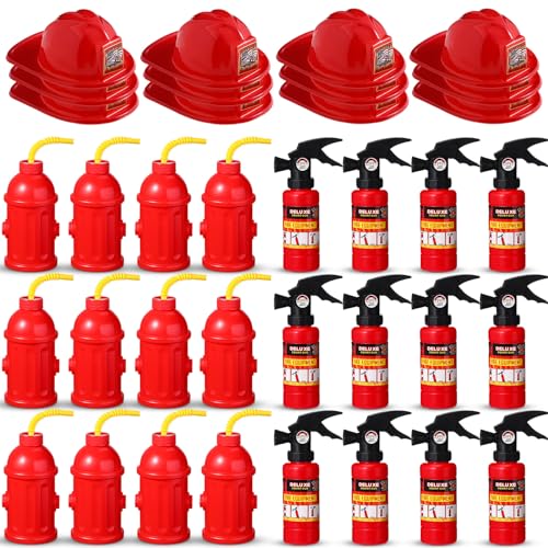 Liliful 36 Pcs Fireman Birthday Party Supplies Including 12 Firefighter Helmet 12 Fire Hydrant Cups with Lids 12 Fire Extinguisher Squirt Toys for Fire Theme Party Supplies - Image 1