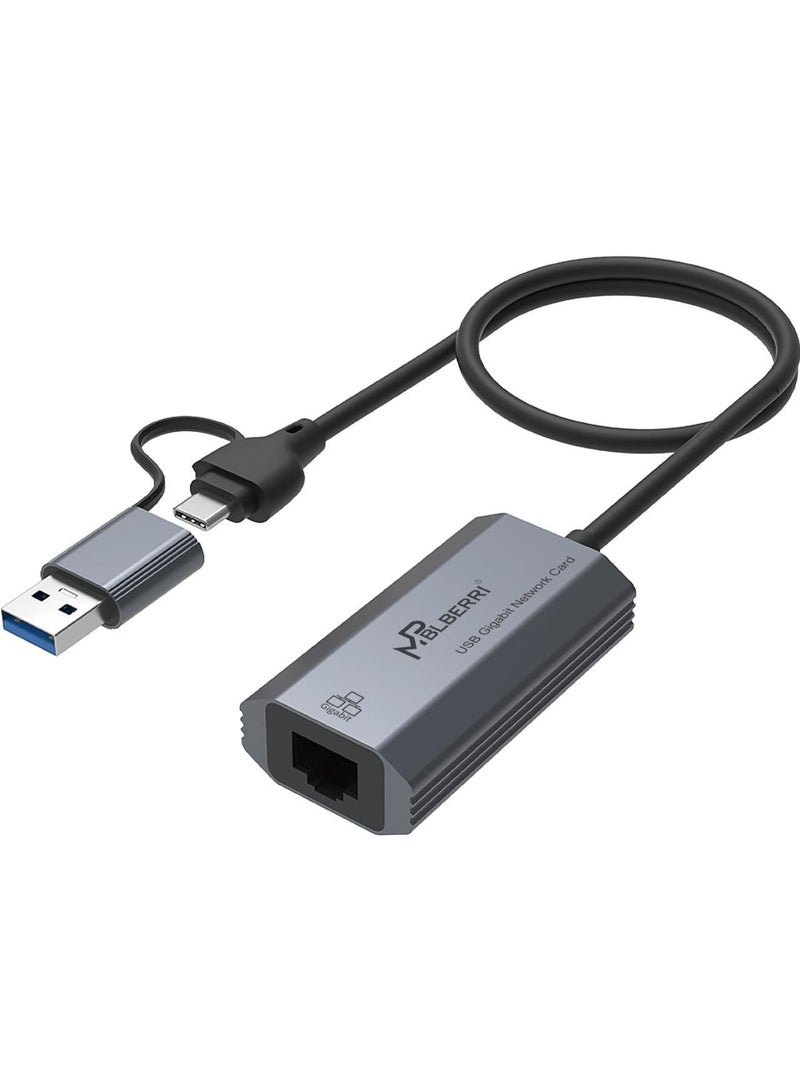 MP BLBERRI 2-in-1 USB-C & USB 3.0 to Gigabit Ethernet Adapter – USB to RJ45 LAN Network Converter for Laptop, MacBook, Windows, iPad & Android – BLB-OT554