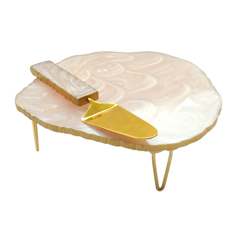 Tranquil Square Serveware Pure Cream Colour Wood and Brass Design Cake Stand and Cake Server - Image 4