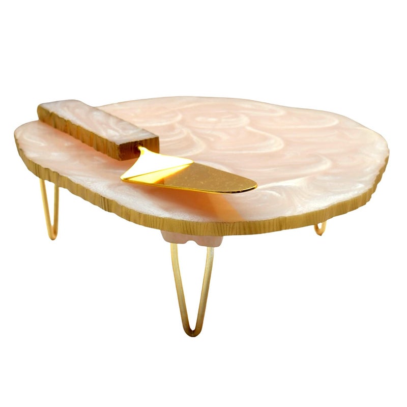Tranquil Square Serveware Pure Cream Colour Wood and Brass Design Cake Stand and Cake Server - Image 2