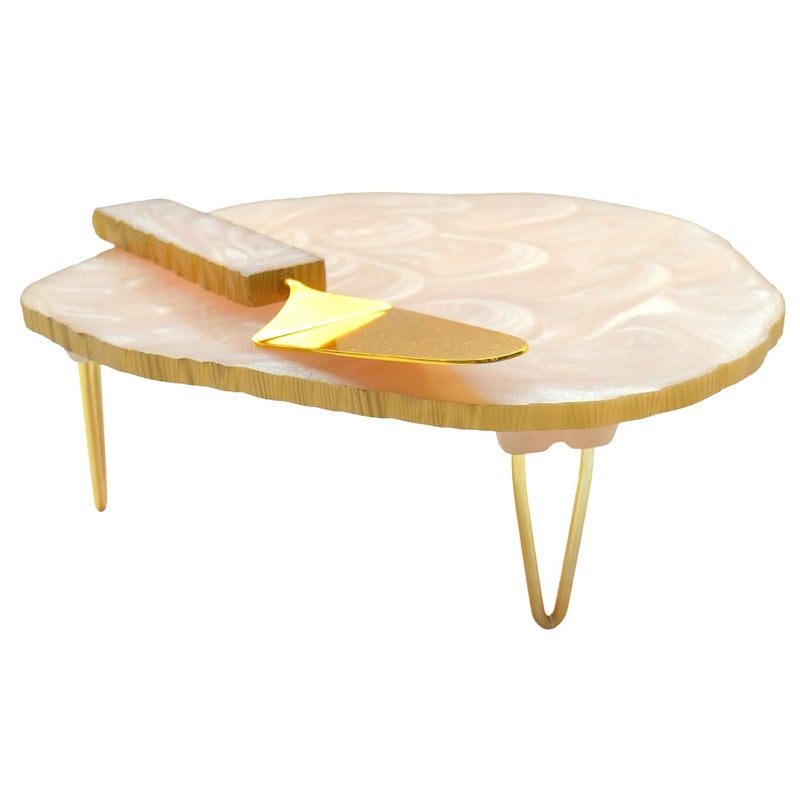 Tranquil Square Serveware Pure Cream Colour Wood and Brass Design Cake Stand and Cake Server - Image 3