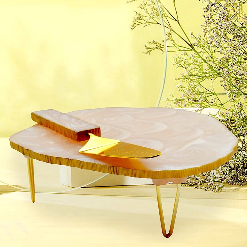 Tranquil Square Serveware Pure Cream Colour Wood and Brass Design Cake Stand and Cake Server - Image 1