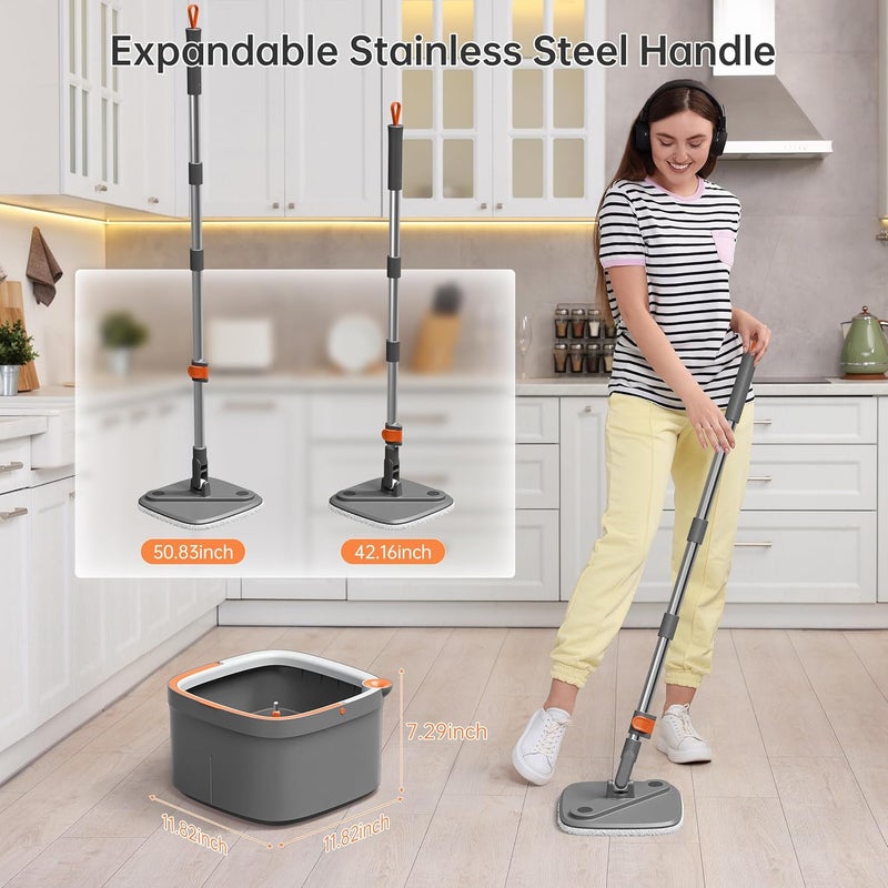 KZKR Spin Square Mop M16 Square Spin Mop and Bucket Set, with Dirty/Clean Water Separation System, Self Rotating Mop-Head for Hardwood Tile Marble Floors (2 Pads) - Image 4