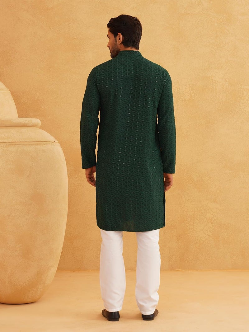 SOJANYA (Since 1958 Men's Sequinned Embroidered Green Cotton Kurta and White Pyjama Set - Image 4