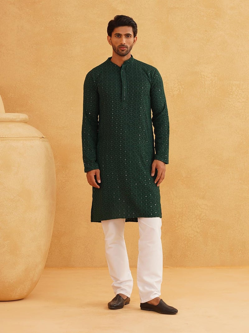SOJANYA (Since 1958 Men's Sequinned Embroidered Green Cotton Kurta and White Pyjama Set - Image 3