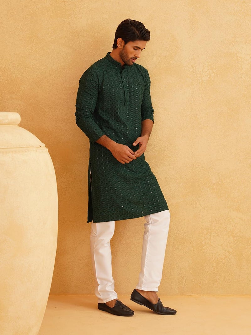 SOJANYA (Since 1958 Men's Sequinned Embroidered Green Cotton Kurta and White Pyjama Set - Image 2