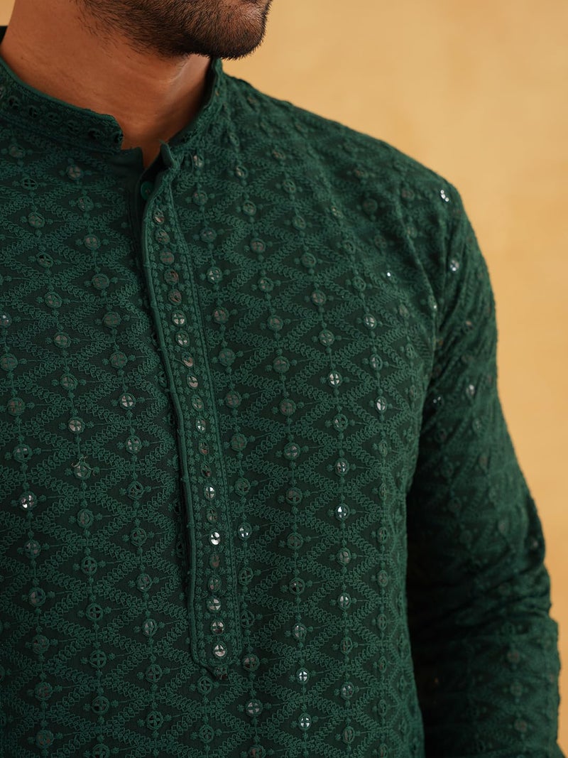 SOJANYA (Since 1958 Men's Sequinned Embroidered Green Cotton Kurta and White Pyjama Set - Image 5