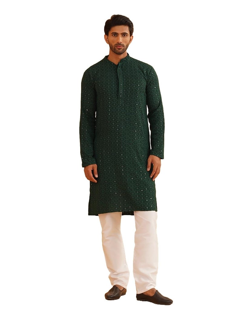 SOJANYA (Since 1958 Men's Sequinned Embroidered Green Cotton Kurta and White Pyjama Set - Image 1