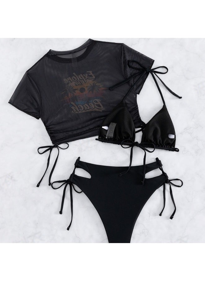 European And American Style Solid Color Fixed Edition Printed Split Bikini Swimsuit Three-piece Swimsuit-Color:Sky Blue-Size:M