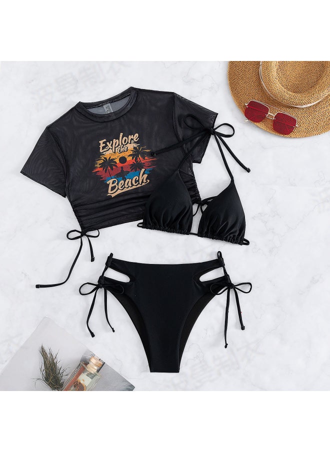 European And American Style Solid Color Fixed Edition Printed Split Bikini Swimsuit Three-piece Swimsuit-Color:Sky Blue-Size:M