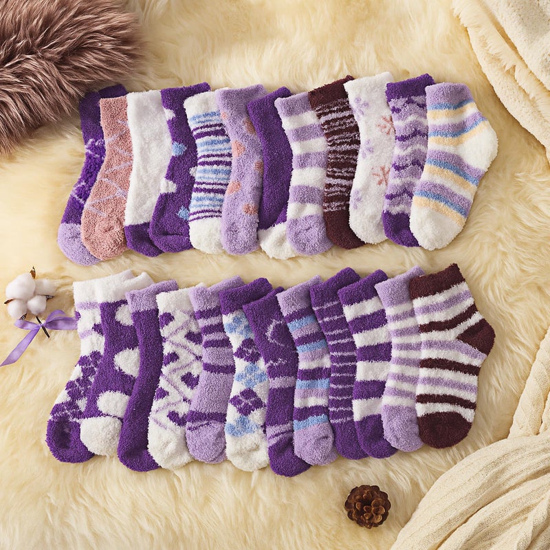 Croloose 24 Pairs Winter Fuzzy Socks for Women Purple Coral Fleece Fluffy Slipper Socks for Stocking Stuffers Birthday Gifts - Image 2