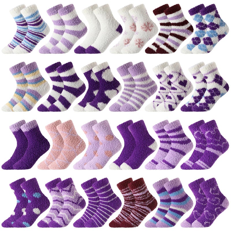 Croloose 24 Pairs Winter Fuzzy Socks for Women Purple Coral Fleece Fluffy Slipper Socks for Stocking Stuffers Birthday Gifts - Image 1