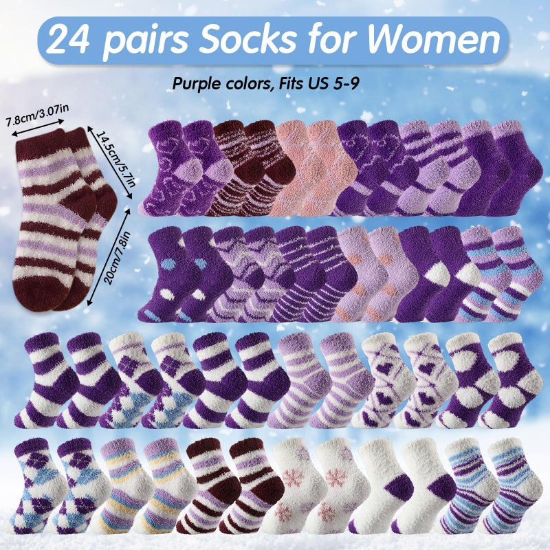 Croloose 24 Pairs Winter Fuzzy Socks for Women Purple Coral Fleece Fluffy Slipper Socks for Stocking Stuffers Birthday Gifts - Image 4