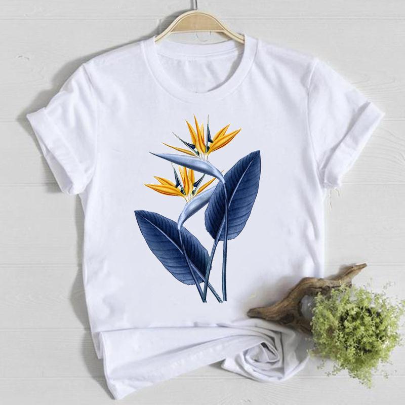 Horticultural Flowers Personality Pattern Round Neck Printed White T-Shirt Short Sleeve Women'S Wish/ - Image 1