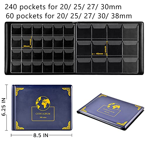 Aptbyte Coin Collection Supplies Holder Book for Collectors, 300 Pockets Coin Collection Organizer Storage Box Case Album for 20/25/ 27/30/ 38mm Coins- Blue - Image 4