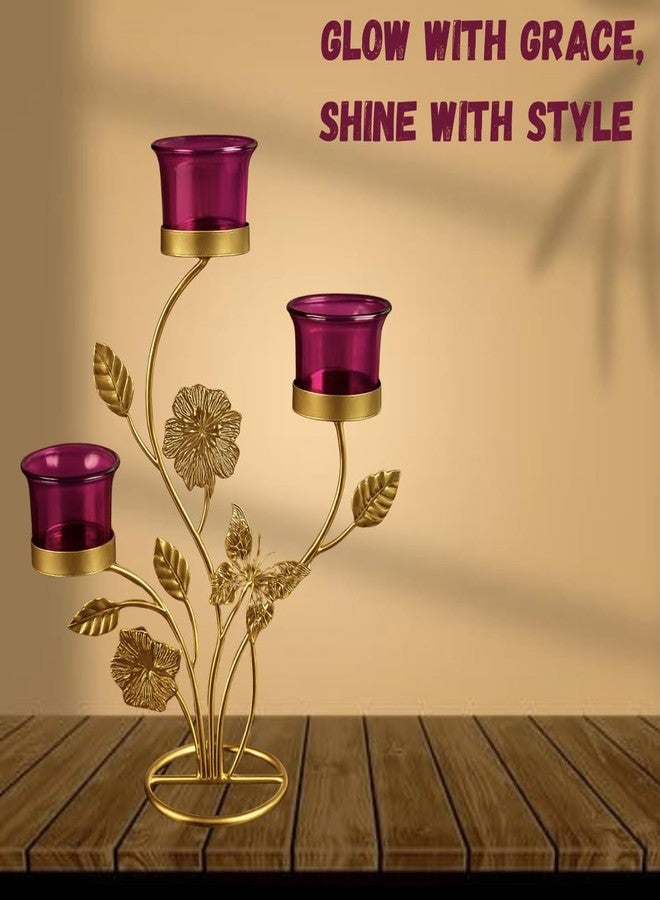 AGAAS ENTERPRISES Elegant 3-Tier Metal Candle Holder with Floral Pattern - Gold and Burgundy Votive Stand - Image 3