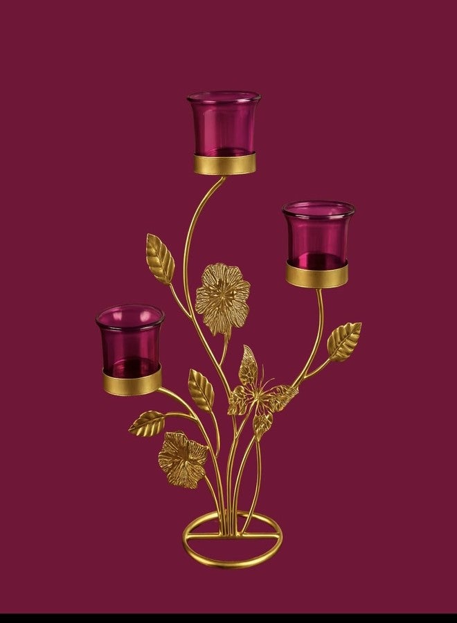 AGAAS ENTERPRISES Elegant 3-Tier Metal Candle Holder with Floral Pattern - Gold and Burgundy Votive Stand - Image 4
