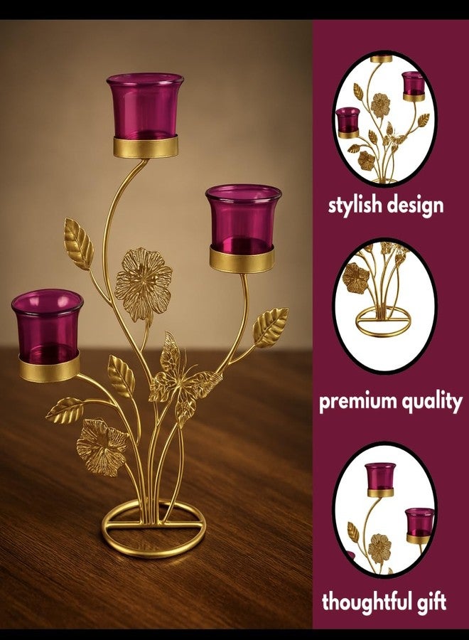 AGAAS ENTERPRISES Elegant 3-Tier Metal Candle Holder with Floral Pattern - Gold and Burgundy Votive Stand - Image 5