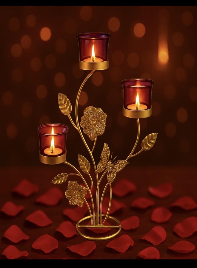 AGAAS ENTERPRISES Elegant 3-Tier Metal Candle Holder with Floral Pattern - Gold and Burgundy Votive Stand - Image 1